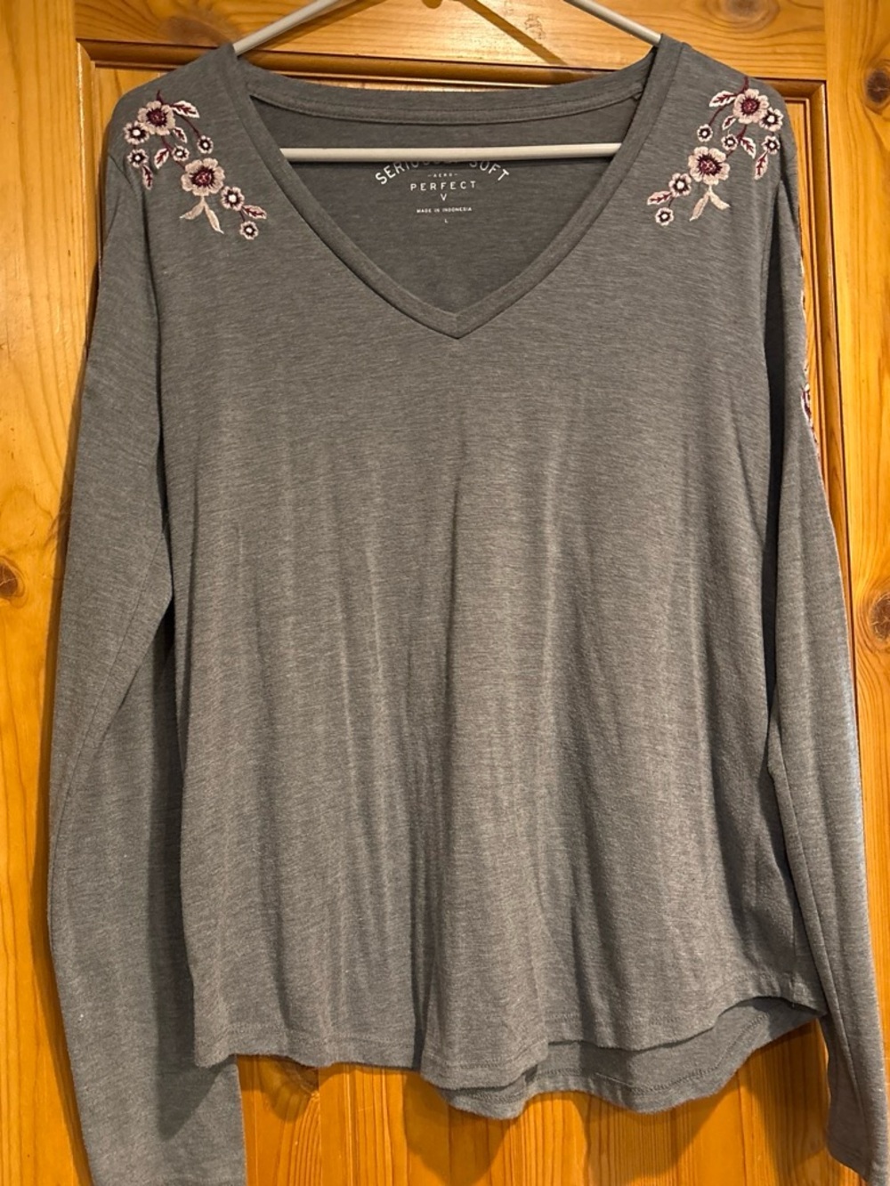 V-Neck Long Sleeve Top with Pink Floral Embroidery